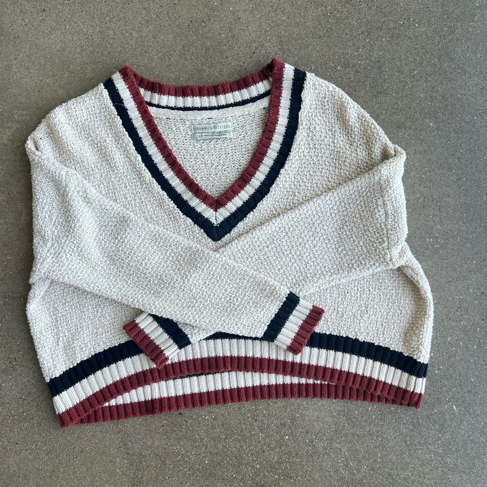 Urban Outfitters Cream and Red V-Neck Sweater
